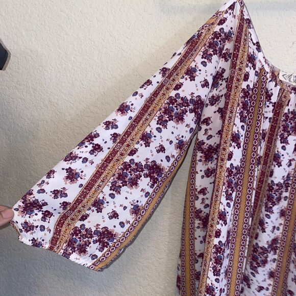 Pink Rose Floral Hippie Jojo Open Shoulder Blouse 3/4 Balloon Sleeve L Women - Picture 2 of 9